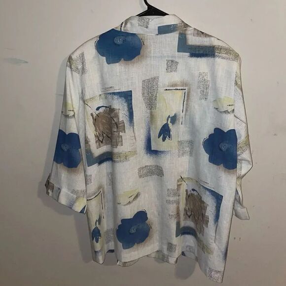 Jeanne Blue Beige Floral Linen Blend Short Sleeve Blazer Jacket - Picture 7 of 8